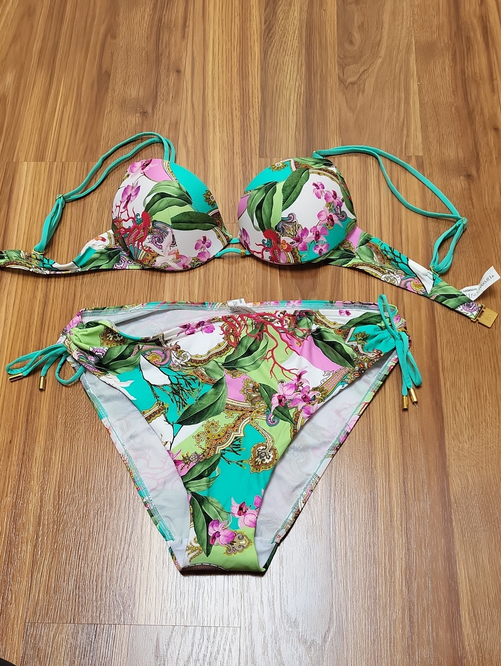 Lise Charmel NWOT Tropical Floral Tie-Side Bikini Set in Teal and Pink